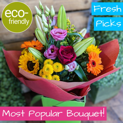 Through the Rainbow - Eco-friendly fresh flower bouquet for delivery - This vibrant collection of special flowers, beautifully arranged and hand-tied makes the perfect statement. Our Through the Rainbow is a very versatile bouquet and is <b>suitable for any occasion</b>, it is by far our most popular bouquet! Which is why we’ve given it an eco-friendly makeover. <b>Your beautiful eco-friendly gift will be presented in kind to the planet, complimentary bright kraft packaging.</b>