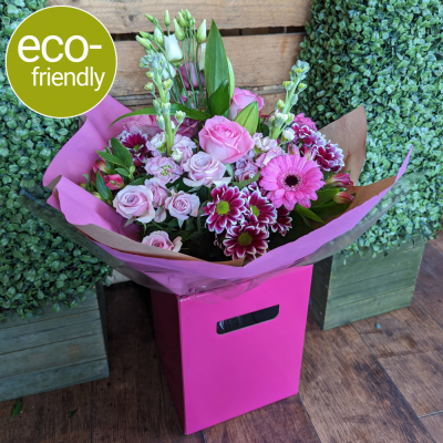 Pink Passion - Eco - This stunning collection of pink flowers beautifully arranged and hand-tied makes the perfect gift. Our <b>Pink Passion</b> is a versatile bouquet and is suitable for many occasions, it is consistently one of our most popular bouquets! Which is why we’ve given it an eco-friendly makeover. <b>Your beautiful eco-friendly gift will be presented in kind to the planet, complimentary pink kraft packaging.</b>