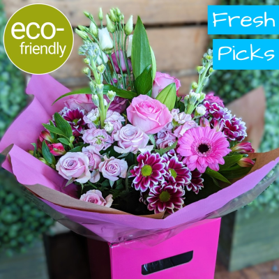 Pink Passion - Eco-friendly fresh flower bouquet by your local florist - This stunning collection of pink flowers beautifully arranged and hand-tied makes the perfect gift. Our <b>Pink Passion</b> is a versatile bouquet and is suitable for many occasions, it is consistently one of our most popular bouquets! Which is why we’ve given it an eco-friendly makeover. <b>Your beautiful eco-friendly gift will be presented in kind to the planet, complimentary pink kraft packaging.</b>