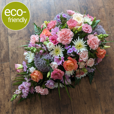 Eco- Funeral Spray Pastel, single ended spray by The Floral Box - A traditional single ended funeral spray sometimes called a tear drop spray, beautifully arranged in biodegradable floral foam. Made by The Floral Box in Darlington