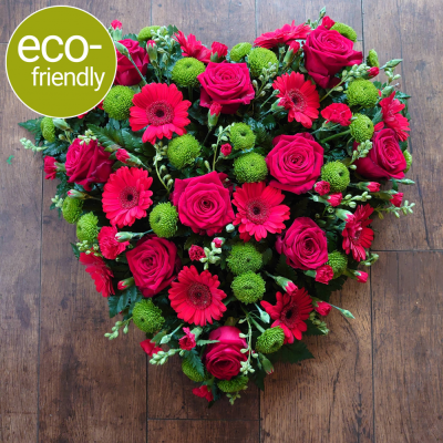 Eco-Funeral Heart Vibrant - A <b>heart shaped funeral tribute</b>, beautifully arranged in biodegradable floral foam. Your tribute can be made in <b>your choice of colours</b> and suitable for a lady or gentleman.