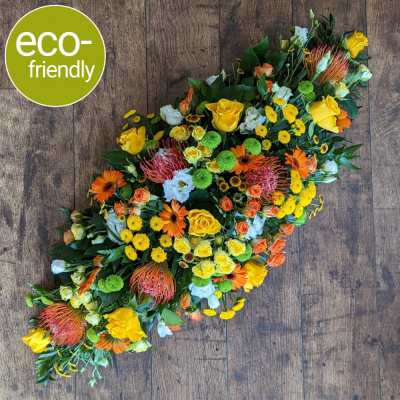 Eco-Coffin Spray Bright - A bright <b>double ended funeral spray</b>, sometimes called a <b>coffin spray</b> (to sit on top of the coffin), <b>beautifully arranged</b> in biodegradable floral foam. Your spray can be made in <b>your choice of colours</b> and <b>suitable for a lady or gentleman</b>.