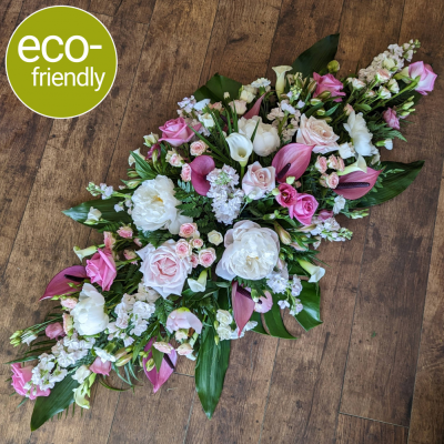 Eco-Coffin Spray Opulent - An opulent <b>double ended funeral spray</b>, sometimes called a <b>coffin spray</b> (to sit on top of the coffin), <b>beautifully arranged</b> in biodegradable floral foam. Your spray can be made in <b>your choice of colours</b> and <b>suitable for a lady or gentleman</b>.
