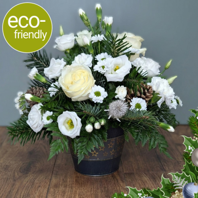 Starry Night Festive Arrangement | Floral Box Darlington - An enchanting winter tribute. Our Starry Night Arrangement features fresh seasonal blooms in a blue and gold star pot. Hand-crafted in Darlington.