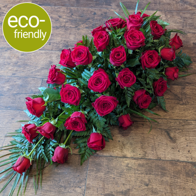 Eco-Funeral Red Rose Spray, single ended, by The Floral Box Darlington - A traditional single ended funeral spray, tear drop spray, beautifully arranged in biodegradable floral foam. Our red rose spray is a timeless classic eco-friendly, Darlington