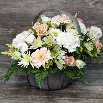 Trug Basket in Neutrals made by The Floral Box in Darlington - Florist Choice Trug Basket Arrangement in Neutral shades. A unique, neutral basket arrangement made using only the freshest flowers. Delivery or Click & Collect