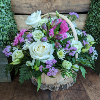 Trug Basket in Pastels made by The Floral Box in Darlington - Florist Choice Trug Basket Arrangement in Pastel shades. A unique pastel basket arrangement made using only the freshest, most beautiful blooms of the day. Delivery or Collection