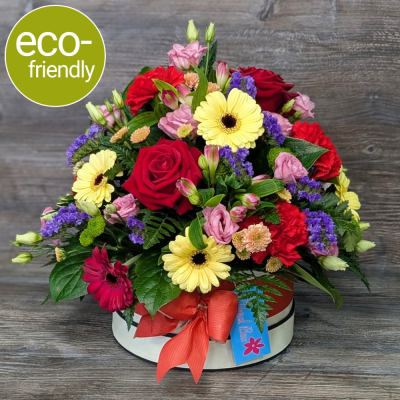 Hat Box, Brights/Vibrant, made by The Floral Box in Darlington - Florist Choice Eco-Friendly Hat Box, Brights, a unique, vibrant, eco-friendly arrangement using only the freshest, most beautiful blooms of the day. Delivery or Click & Collect