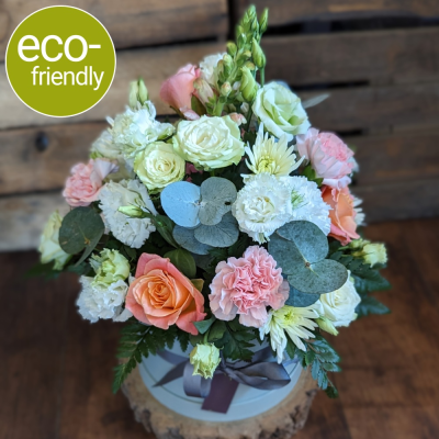 Hat Box, Pastels, made by The Floral Box in Darlington - Florist Choice Eco-Friendly Hat Box, Pastels, a unique, pastel, eco-friendly arrangement using only the freshest, most beautiful blooms of the day. Delivery or Click & Collect