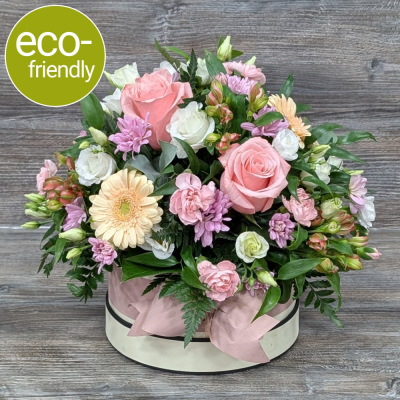 Hat Box, Pastels, made by The Floral Box in Darlington - Florist Choice Eco-Friendly Hat Box, Pastels, a unique, pastel, eco-friendly arrangement using only the freshest, most beautiful blooms of the day. Delivery or Click & Collect