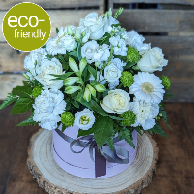 Hat Box, Neutrals, made by The Floral Box in Darlington - Florist Choice Eco-Friendly Hat Box, Neutrals, a unique, neutral, eco-friendly arrangement using only the freshest, most beautiful blooms of the day. Delivery or Click & Collect