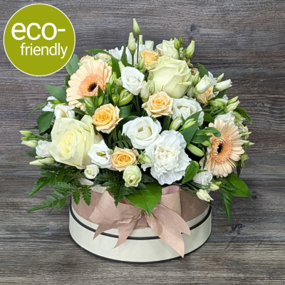 Hat Box, Neutrals, made by The Floral Box in Darlington - Florist Choice Eco-Friendly Hat Box, Neutrals, a unique, neutral, eco-friendly arrangement using only the freshest, most beautiful blooms of the day. Delivery or Click & Collect