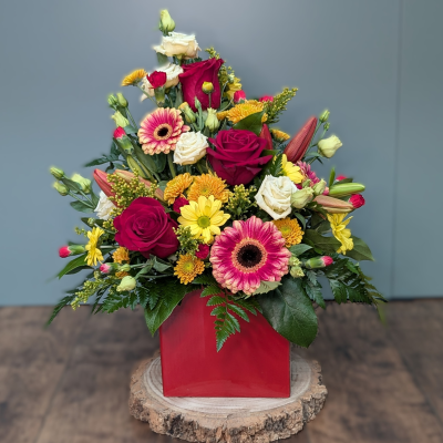 Gift Boxed Arrangement, Brights, by The Floral Box in Darlington - A unique, Bright front-facing floral arrangement in floral foam, using only the freshest, most beautiful blooms of the day. Delivery in Darlington or Click & Collect in Cockerton.