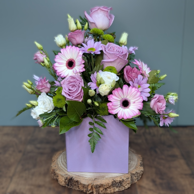 Gift Boxed Arrangement, Pastels, by The Floral Box in Darlington - A unique, Pastel front-facing floral arrangement in floral foam, using only the freshest, most beautiful blooms of the day. Delivery in Darlington or Click & Collect in Cockerton.