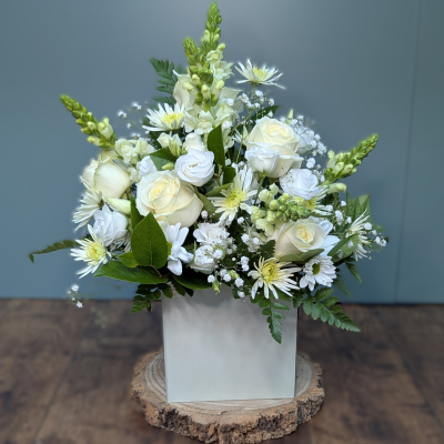 Gift Boxed Arrangement, Neutrals, by The Floral Box in Darlington - A unique, Neutral front-facing floral arrangement in floral foam, using only the freshest, most beautiful blooms of the day. Delivery in Darlington or Click & Collect in Cockerton.