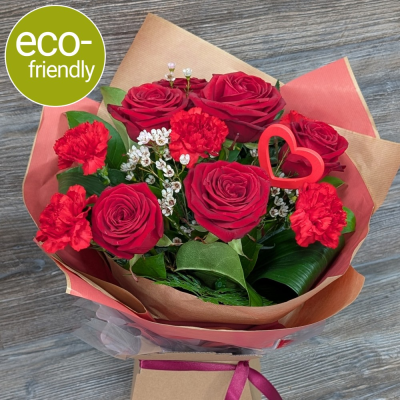 Rose & Carnation Valentine's Bouquet | Floral Box Darlington - A timeless romantic gesture. 6 premium Red Naomi Roses mixed with long-lasting red carnations. Hand-delivered in eco-friendly packaging by Darlington's trusted florist.