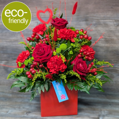 Valentine's Rose Box Arrangement | Ready to Display | Floral Box - The perfect fuss-free Valentine's gift. 3 Luxury Red Roses arranged with seasonal blooms in a stylish gift box. Ready to display instantly. Hand-delivered in Darlington.