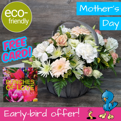 Mother's Day Trug Basket | The Floral Box | Darlington - The Floral Box: Mother's Day trug basket with card! All-round pastel blooms, hand-made & eco-friendly. Order for delivery or collection. Rustic charm, fresh floral arrangement