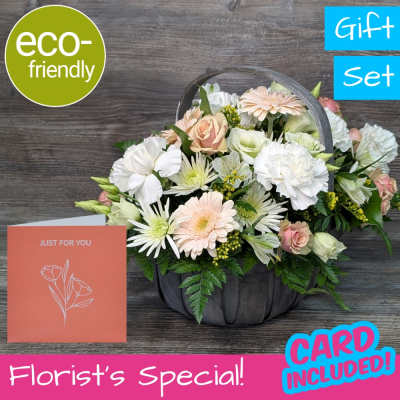 Floral Box: Pastel Trug Flowers & Card Gift Set - The Floral Box: Pastel trug basket gift with greetings card. All-round blooms, hand-made & eco-friendly. Order online for delivery or collection.
