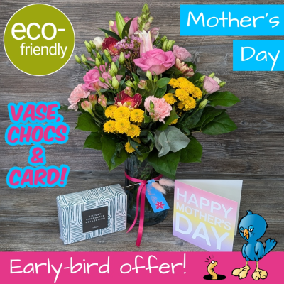 The Floral Box: Bright Flowers, Chocolates & Mother's Day Gift Set - The Floral Box: Bright Mother's Day vase, chocolates & card. Hand-made, all-round blooms, eco-friendly. Order online for delivery! Darlington