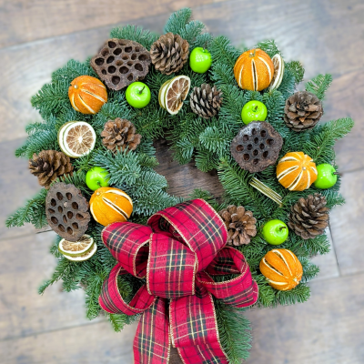 Traditional Christmas Door Wreath | Fresh Blue Spruce | The Floral Box - A proper traditional door wreath. Hand-made using the classic moss and wire method for superior quality and freshness. Crafted in Darlington.