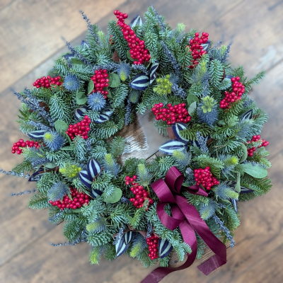 Highland Thistle Christmas Door Wreath | Long-Lasting | The Floral Box - A sophisticated alternative. Our Highland Thistle Wreath features fresh spruce & thistles in a hydrating foam ring for superior longevity. Crafted in Darlington.