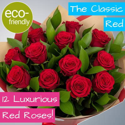 The Classic Red | Luxury 12 Red Roses | The Floral Box Darlington - The ultimate romantic gesture. A stunning bouquet of 12 luxury red roses, hand-tied by Darlington's longest-serving florist (Est. 1986). Eco-friendly & delivered by hand.
