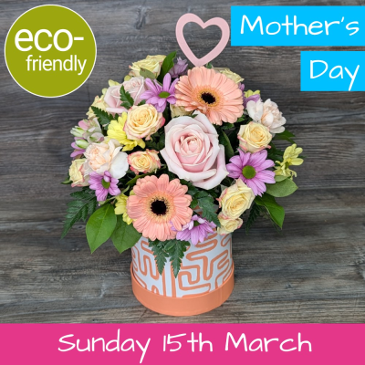 Mother's Day Peach Patterned Hatbox | The Floral Box Darlington - Spoil her this Mothering Sunday! An elegant florist choice pastel arrangement presented in a sophisticated peach hatbox. Hand-delivered locally in Darlington.