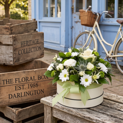 Heritage Olivia Hat Box Arrangement | The Floral Box Darlington - Wow them with The Heritage Olivia Hat Box. A luxurious, ready-to-display florist choice design crafted with fresh blooms. Delivered locally in Darlington.